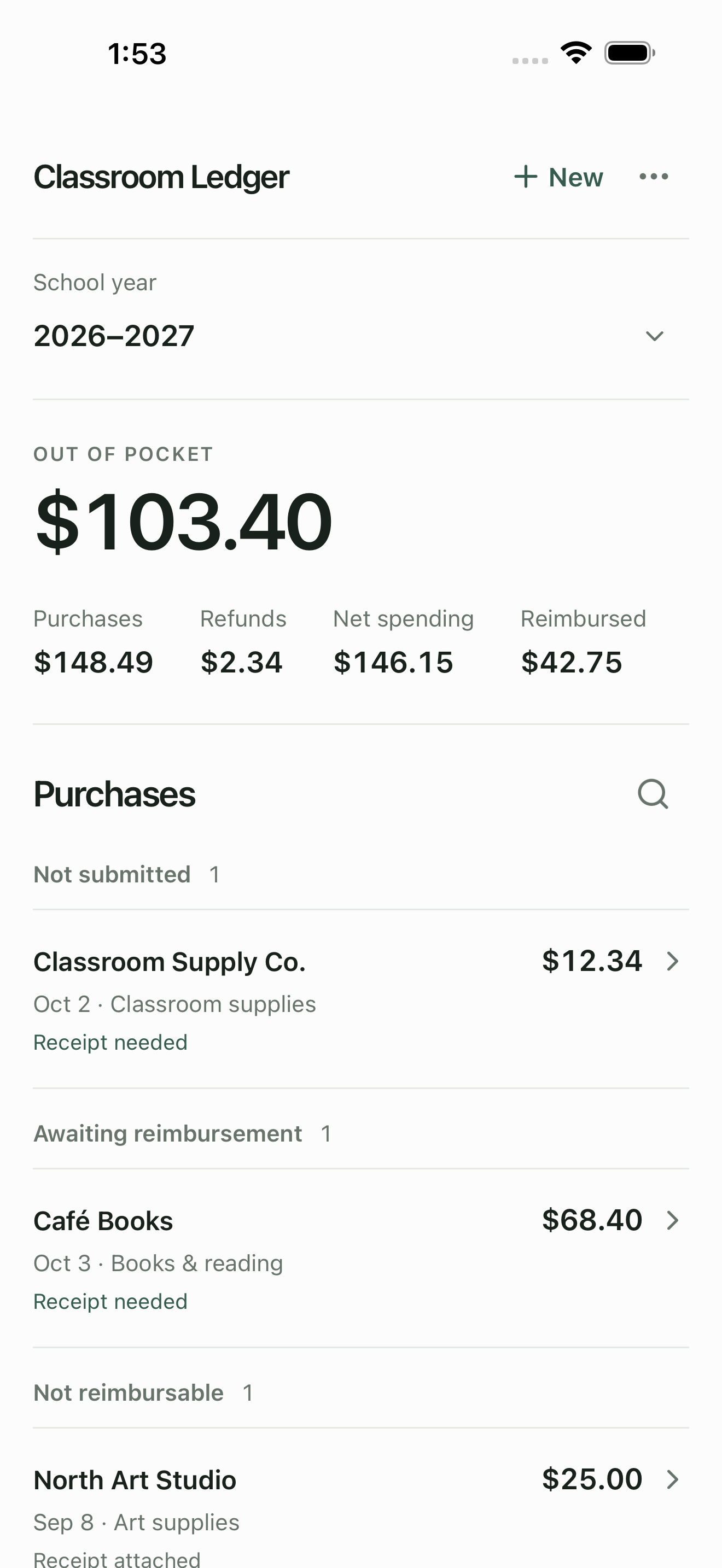 Classroom Ledger on iPhone, showing out-of-pocket spending, purchases, reimbursements, and receipt status.